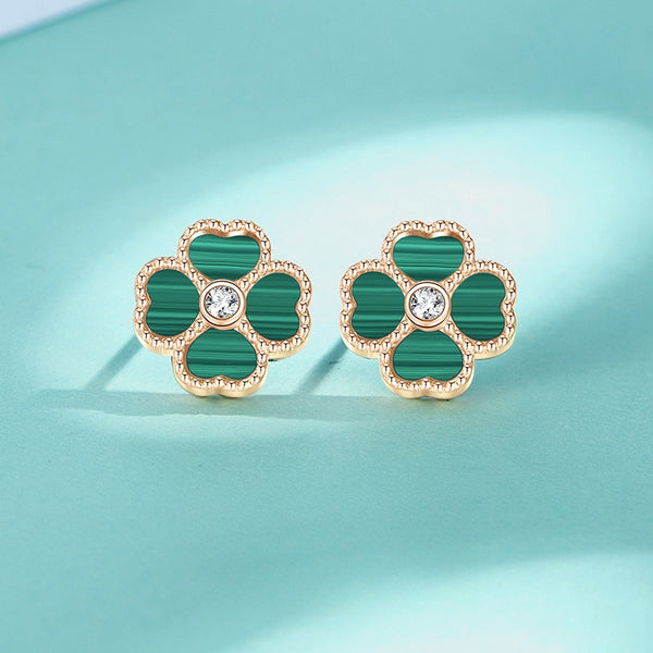 ORIGINAL 18K GOLD MALACHITE CLOVER  EARRINGS