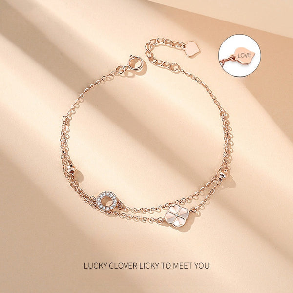 ORIGINAL 925 SILVER FOUR LEAF GRASS DOUBLE LAYER BRACELET