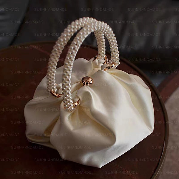 KISALL Original Design Handmade satin pearl handle satin handbag