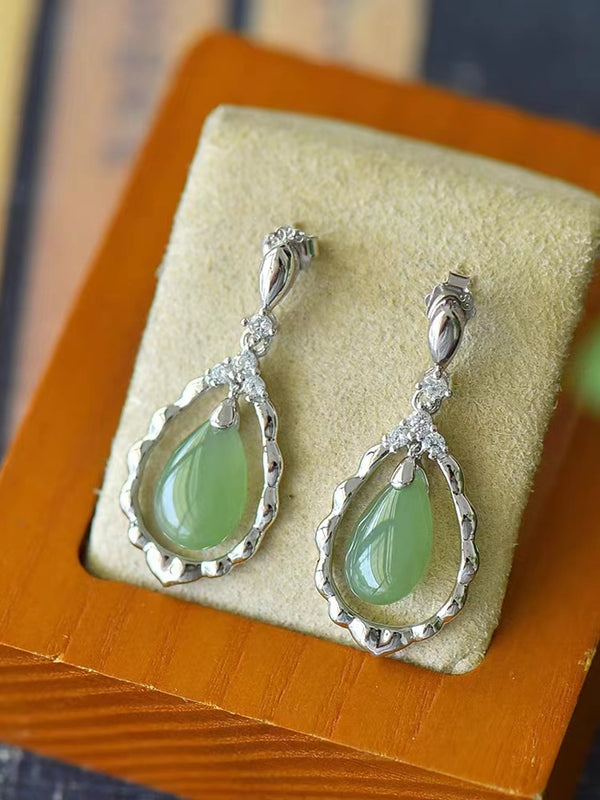 Natural Hotan Jade Jasper Earrings Female 925 Sterling Silver Authentic Vintage Green Water Drop Earrings Green Jade Earrings