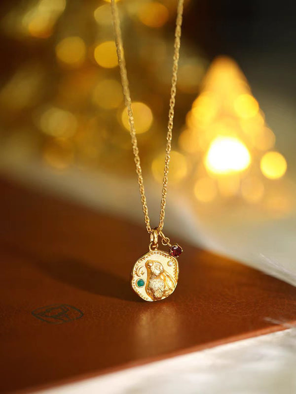 KISALL Original Design of "Prayer": Retro Palace Rabbit Green Agate Pure Silver Clavicle Necklace
