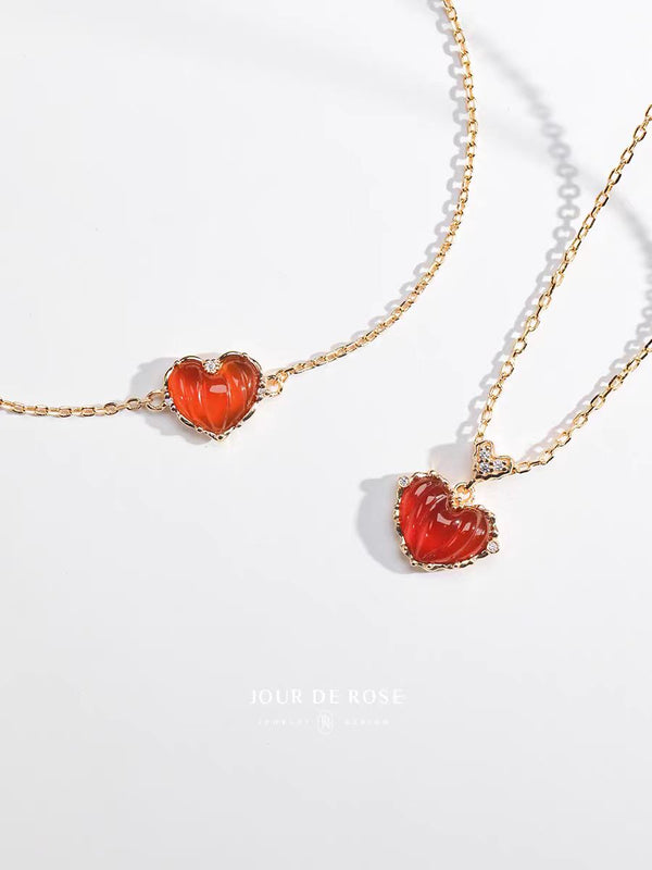 KISALL Sweetheart Little Red Heart Simple Retro Personality Red Agate Sterling Silver Necklace