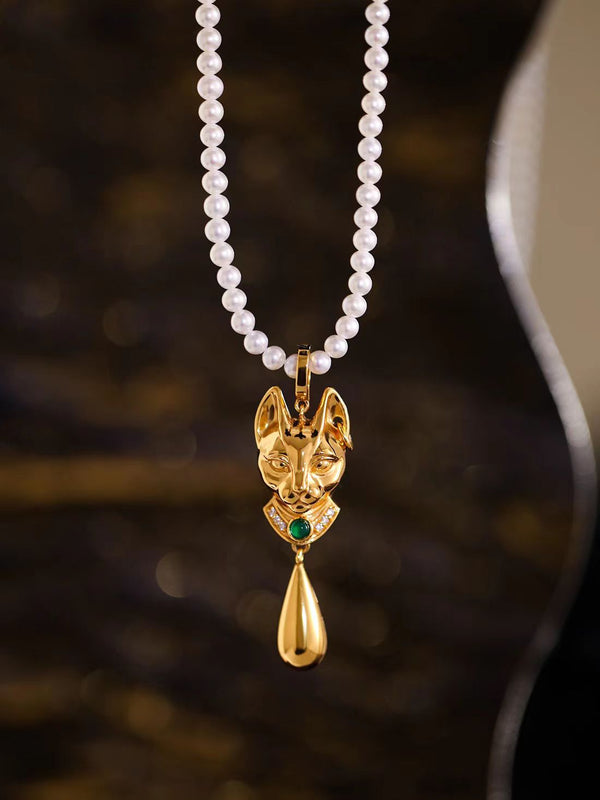 KISALL Original Design for "Egyptian Cat" Vintage Style Black Enamel Green Agate Sterling Silver Necklace Hanging Pendant