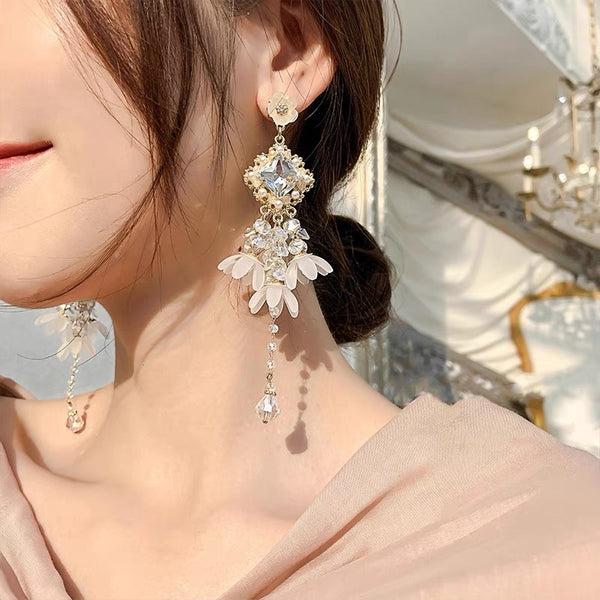 Original Design Large Flower Tassel Long Crystal Earrings