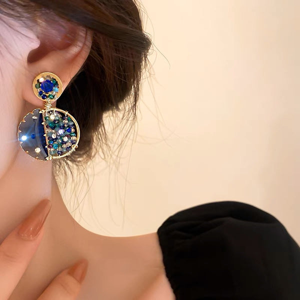 KISALL Original Deep Blue Broken Diamond Crystal Round Earrings