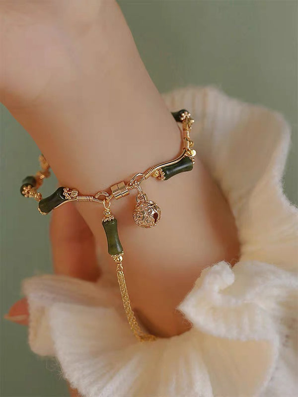 Green Silk Natural Olivine Bamboo Knot Vintage Design High Grade Feel Bracelet