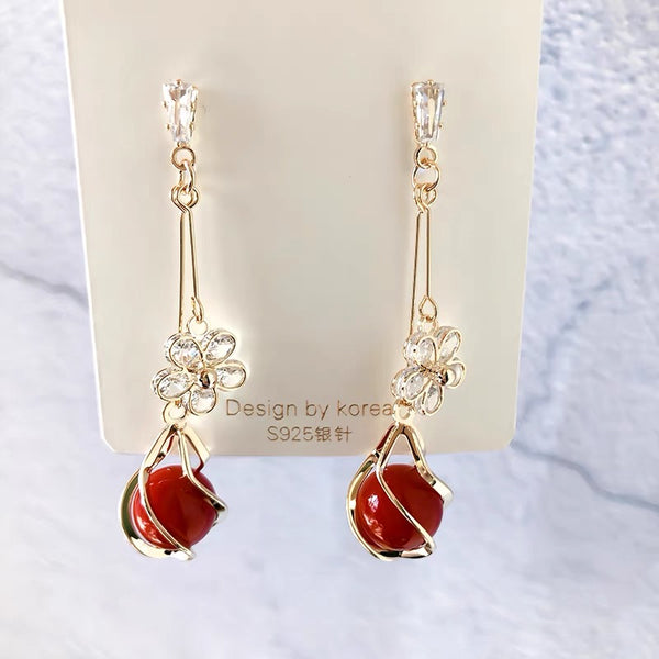 KISALL Star Flower Sterling Silver Red Pearl Earrings