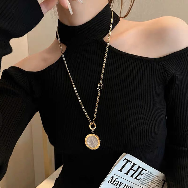 Sweater Chain Long Round Label Necklace