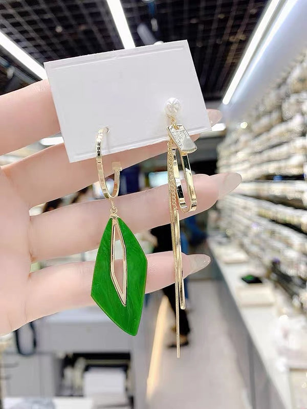 Green Unique Design Asymmetric Geometric Crystal Earrings