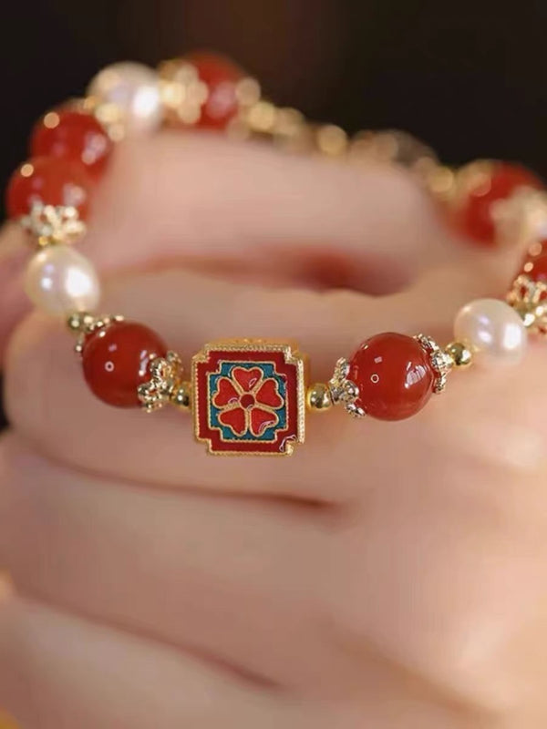 Vintage Red Agate Freshwater Pearl Good Luck Bracelet