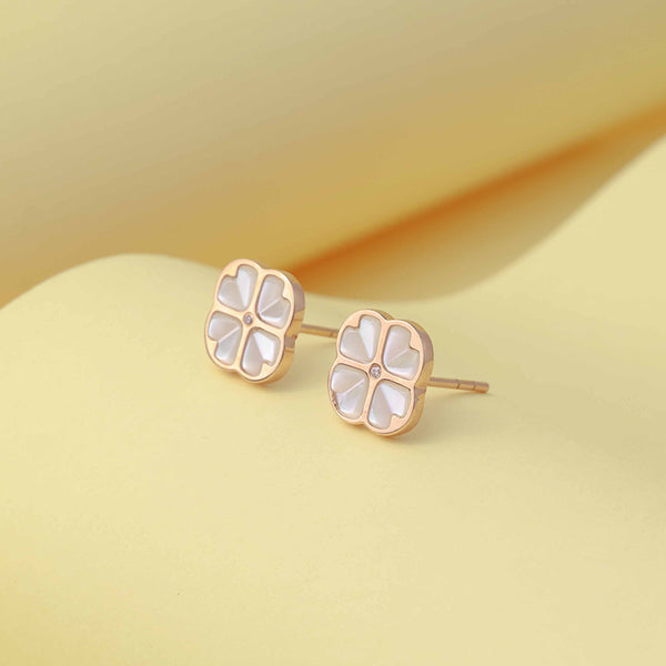 ORIGINAL 18K GOLD FOUR LEAF GRASS WHITE FRITILLARIA EARRINGS