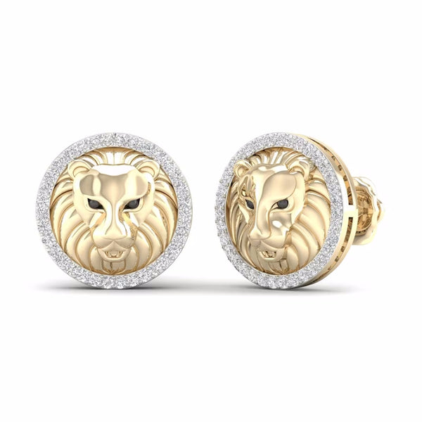 Men's Diamond Lion Stud Earrings 1/5 ct tw Round-cut 10K Yellow Gold